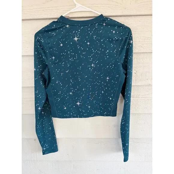 Nike Dri-Fit Cropped Long Sleeve Top Star Print Teal Athletic Shirt Size Small - Picture 5 of 6